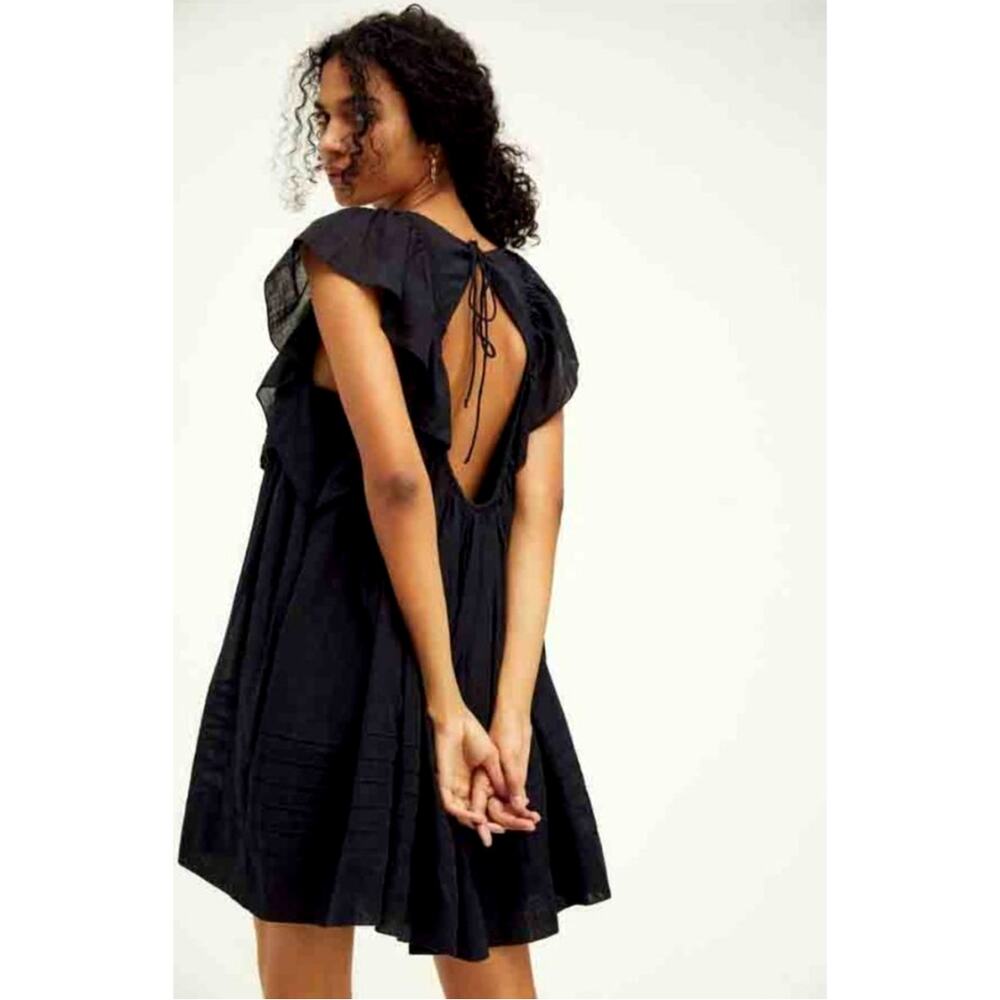Free People HAILEY Scoop Neck Tie Open Back Babydoll Mini Dress Black L NWT $148